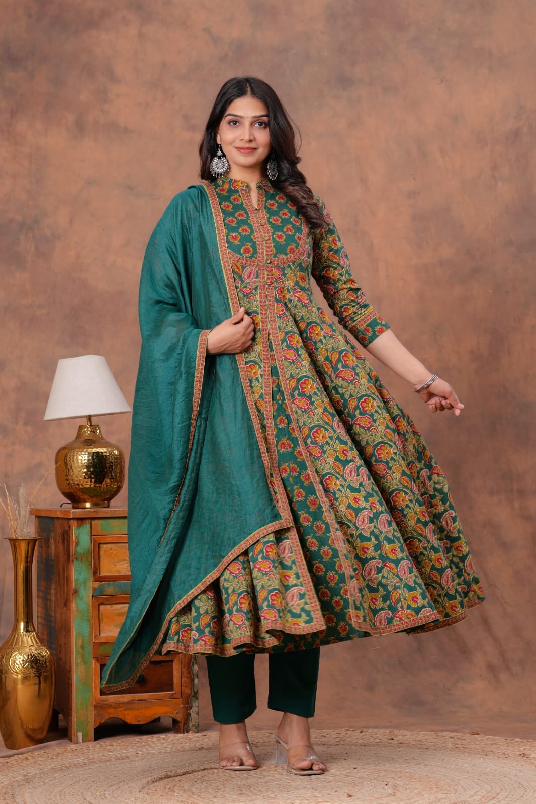 Two layer style anarkali kurti with pant and dupatta sets
