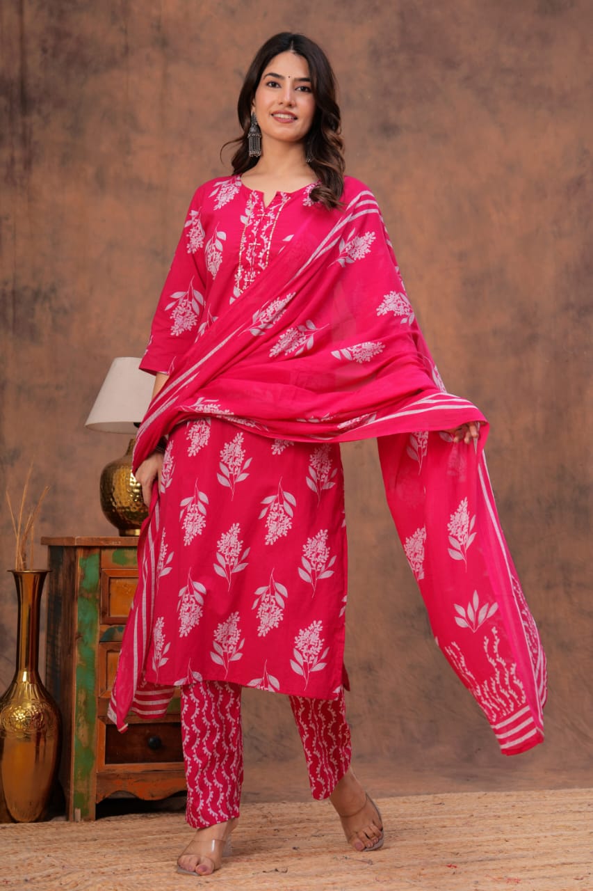 Cotton discharge print kurti pant dupatta sets