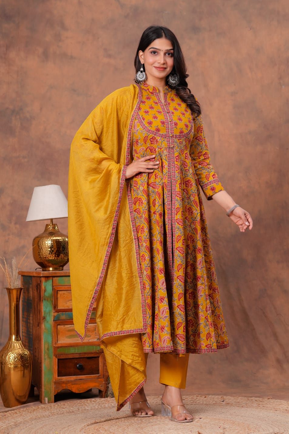 Two layer style anarkali kurti with pant and dupatta sets