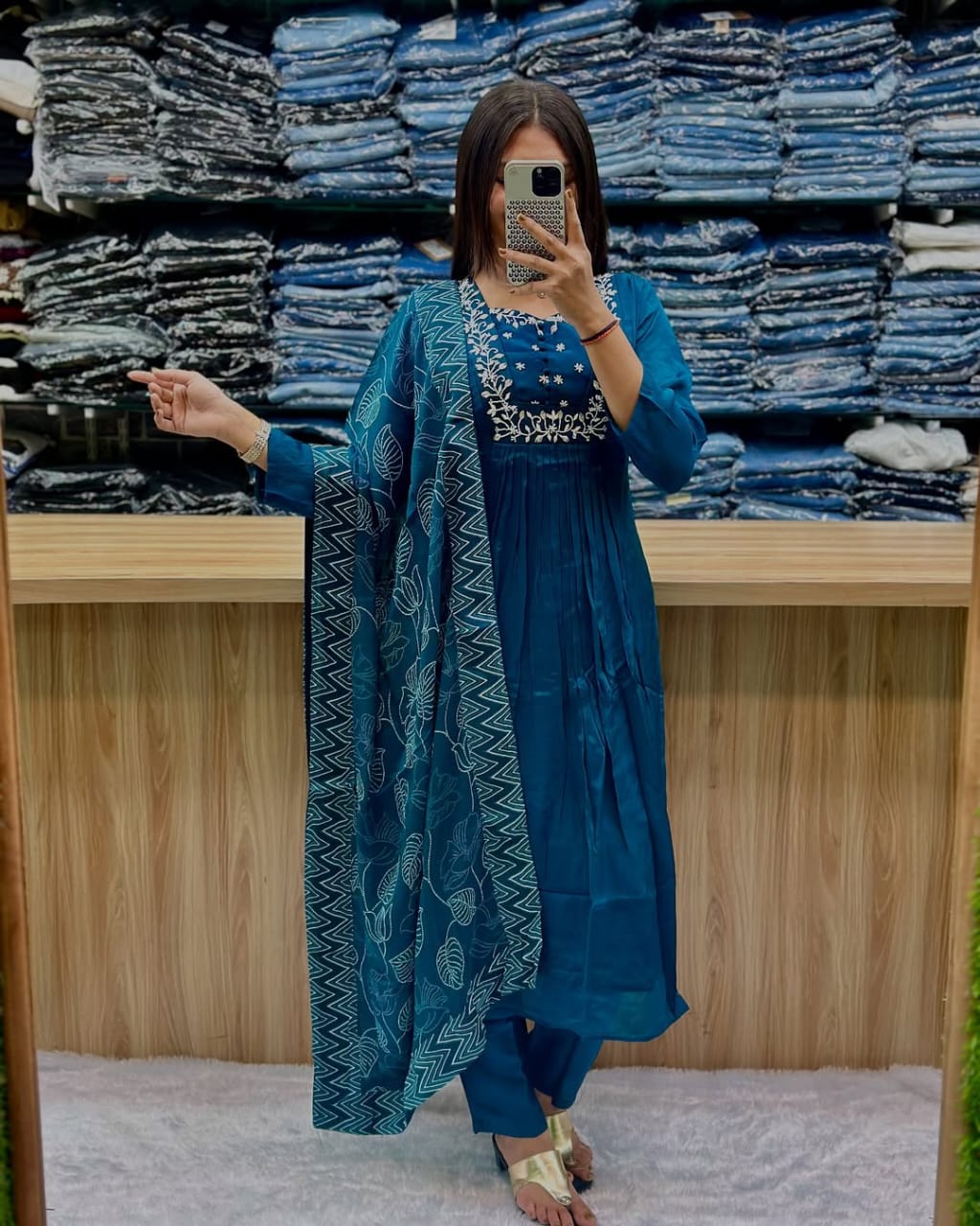 Pure Cotton60-60 super dyeing kurta with beautiful emb neck yoke & cotton pant with  full chandri digital print dupatta.