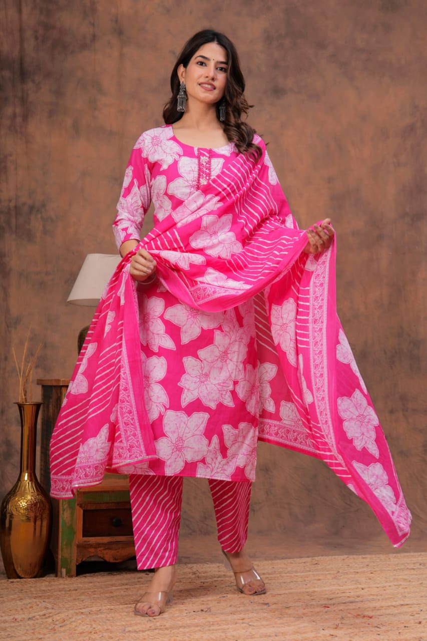 Cotton discharge print kurti pant dupatta sets