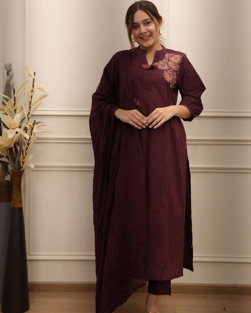 🌹🌹Pure fine Cotton fabric Embroidery Work Kurti with Pant with cotton 100-100 Dupatta🌹🌹