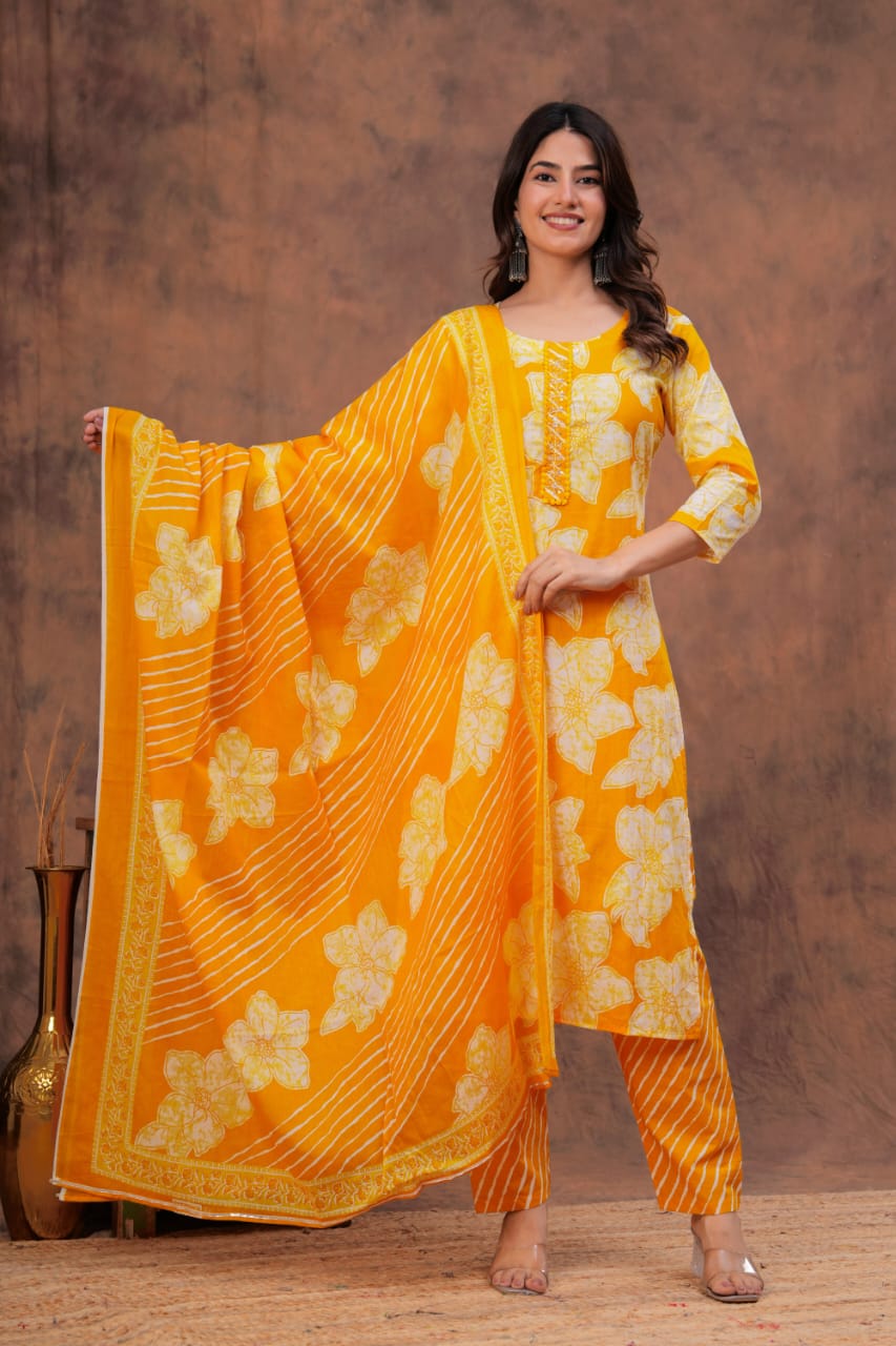 Cotton discharge print kurti pant dupatta sets