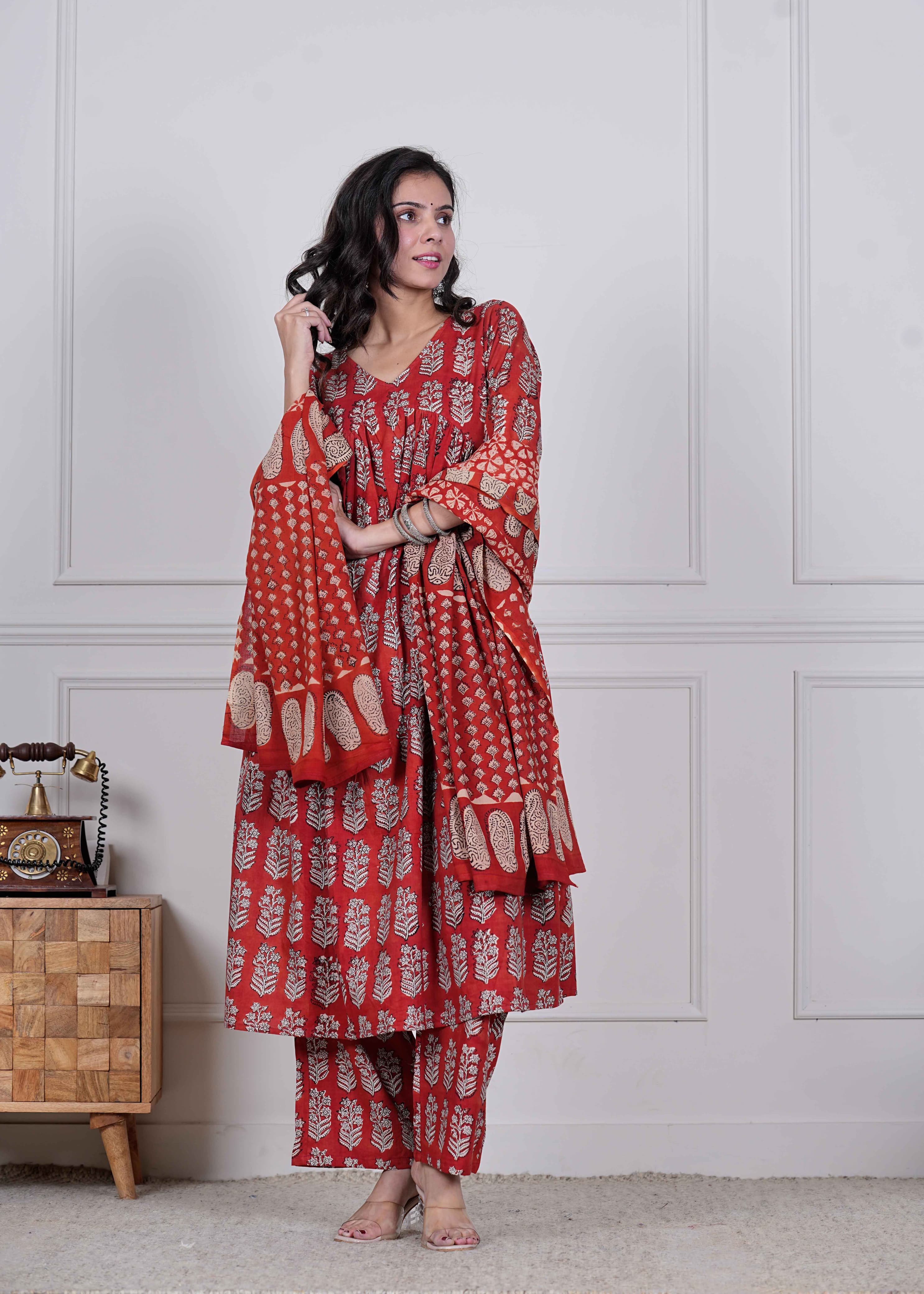 NEW COLLECTION OF  HANDBLOCK PRINTED ANARKALI 3PC SET